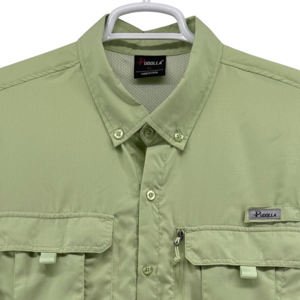 Pudolla Mens XL Fishing Shirt Long Sleeve Sage Green Ripstop Ventilated Back